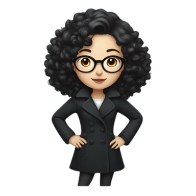 Full length girl in Black coat with glasses with gray-blue eyes, white skin and curly black hair and aristocratic high cheekbone sticker