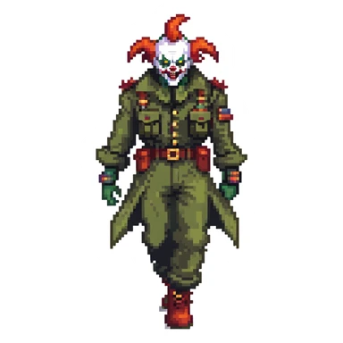 evil clown soldier, bald, small black satan horns on forehead, fangs, pointed ears, eye patch over one eye, black and military green clothes with bellbottom pants, realistically proportioned, less bulky, full body, fighting stance sticker