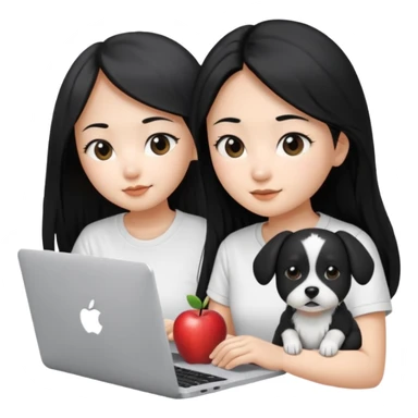Asian girl with long black hair , wearing a white t-shirt, working on an Apple laptop, next to her is a small black and white dog sticker