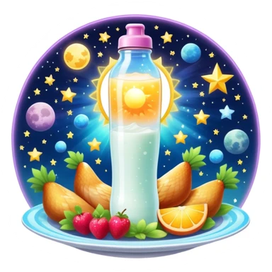 Magical fitness galaxy with ethereal glowing water bottle, celestial sun rays, enchanted floating chicken and rice plate, mystical sparkling gym equipment, luminous yogurt, twinkling fruit pieces, and dreamy moon and stars, all orbiting in perfect harmony within a cosmic starry circle sticker