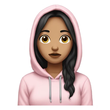 Light skin girl with long black hair wearing pale pink hoodie with hand on her face with a disappointed face  sticker