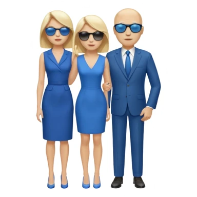 White woman with blonde hair wearing sunglasses and a blue dress, standing next to a tall bald white man sticker