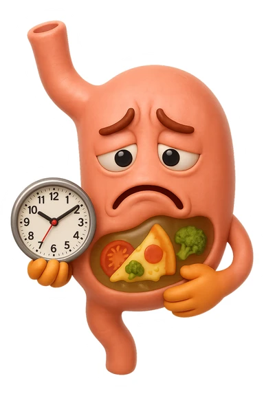 EMOJI STILE IPHONE 3D DI UNo stomaco umano con espressione dolornate, ha del cibo visibile dentro che non sta digerendo. in mano tiene un orologio da muro, iperrealistico 4k sticker