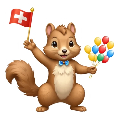 cute squirrel tossing confetti in the air, Swiss flag in paw, emoji style sticker