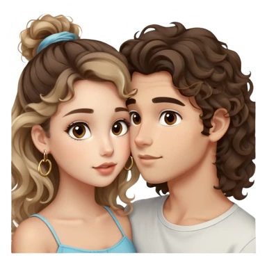 cute girl long brunette balayage curly/wavy not voluminous hair, brown eyes, hoop earrings, natural pretty clean makeup: kissing on the cheek a cute boy blondish straight messy hair and brown eyes sticker
