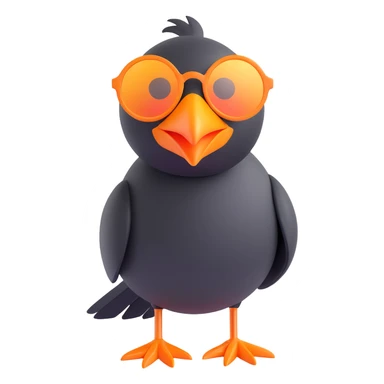 cartoonish 3D emoji of a black bird with a large orange beak and oversized round sunglasses, standing in the same pose as the reference image, looking to the left sticker