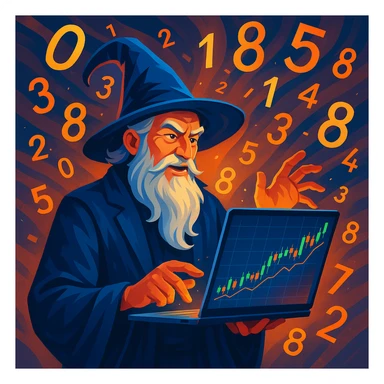 finance wizard holding a laptop showing a financial chart, numbers flying in the air, modern digital illustration style sticker