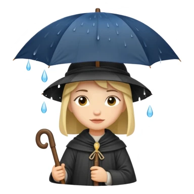 vorrei un piccolo pellegrino medievale in stile stickers sotto la pioggia con un grande ombrello sticker
