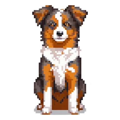 Aussie Shepherd dog, pixel art style, small size, recognizable markings, standing pose sticker