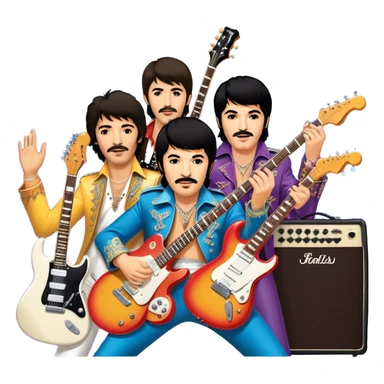 Rock music icon: dynamic collage of global rock legends like The Beatles, Jimi Hendrix, Elvis Presley, Freddy Mercury and Curt Cobane, surrounded by guitars, amplifiers, and stage lights. Symbolizing the energy and power of rock music. Transparent background. sticker