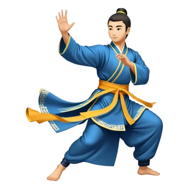 Emblem symbolizing Wushu martial arts. A graceful martial artist performs a dynamic kung fu pose, with flowing movements and a long, elegant robe. The background features stylized clouds and traditional Chinese symbols, representing fluidity, balance, and precision. Transparent background. sticker