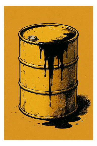 Сгенерируй мне темно желтую бочку чуть чуть прям испачканную нефтью в стиле японского комикса на однородном фоне. Она должна .смотреться ебать как стильно. Без рисунка капли.  sticker