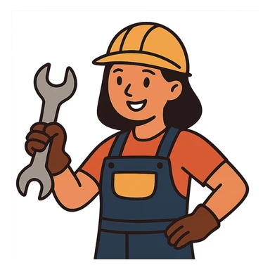 flat toon style woman construction worker smiling, holding a wrench, no background sticker