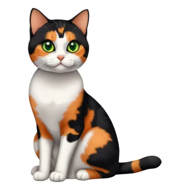 American shorthair calico cat with big green eyes and black fur on the right side of their face and orange on the left side sitting down sticker