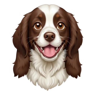 Cinematic Comical Springer Spaniel Portrait Emoji, Head tilted dramatically with an exaggeratedly amused expression, featuring a striking liver and white Fur with dynamic patterns, wide, expressive brown eyes filled with playful disbelief, Simplified yet hilariously expressive features, highly detailed, glowing with a slightly sassy glow, high shine, dramatic yet playful, stylized with an air of cheeky mischief, bright and endearing, soft glowing outline, capturing the essence of a spirited and over-the-top companion, so meme-worthy it feels like it could side-eye its way into internet fame instantly! sticker