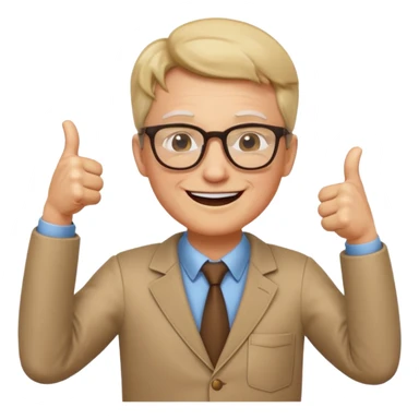 un PROFESOR que este parado con sus lentes guiñando el ojo y CON LAS MANOS HACIA ARRIBA DANDO LIKE sticker