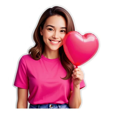a woman smiling wearing pink shirt holding a heart shaped balloon sticker