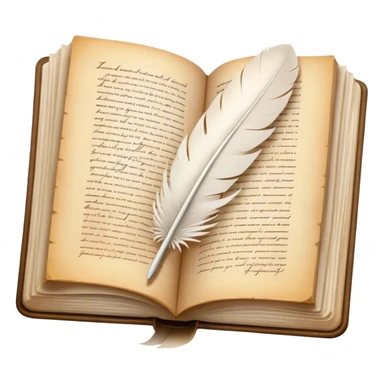 Create a poetic and elegant emoji representing poetry. The design should feature several vintage, gracefully flying pages with short, poetic columns written on them. A white feather quill should be depicted writing on one of the pages, with ink flowing smoothly. The pages should have a soft, antique look, with subtle details to convey the delicate nature of poetry. Use soft, light colors with a romantic, airy feel. Make the background transparent. sticker