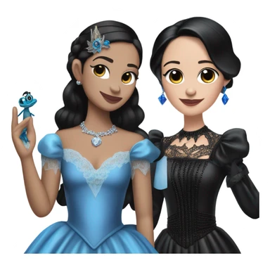 relaxed low-cut back silky black evening ball gown with lace gloves, Jenna Ortega as Wednesday Addams wearing a mini diamond tiara showing off a cute blue horned dragon hand puppet sticker