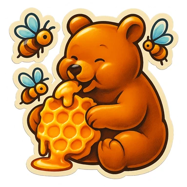 bear eating honeycomb with bees flying around sticker
