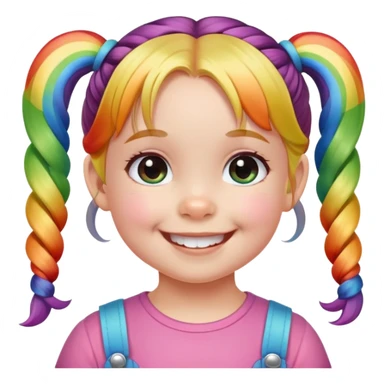 Toddler girl with smiling, with two pigtails and a hairpin with a rainbow on it  sticker