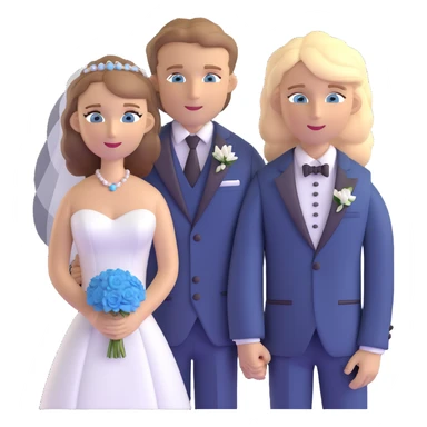 portrait of a bride with light brown hair and grey-blue eyes, and a groom with blonde hair, blue eyes, wearing a brown suit sticker