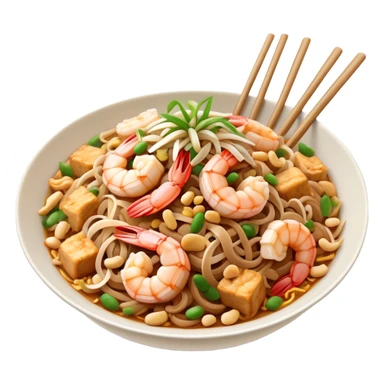 Cinematic Realistic Pad Thai Dish Emoji, depicted as stir-fried rice noodles with shrimp, tofu, peanuts, and bean sprouts rendered with vibrant textures and dynamic, appetizing lighting. sticker