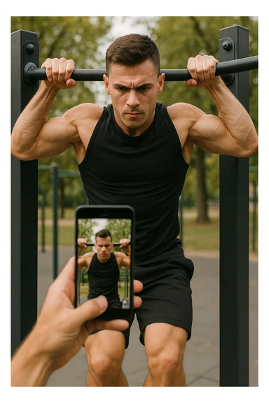 uomo che fa Muscle up e si sta filmando davanti con il telefonino per vedere la sua posizione dei gomiti e delle mani sulla sbarra sticker
