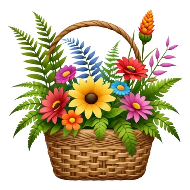 Icon for Floristry: a bouquet of flowers in a woven basket, with reeds, ferns and floral arranging tools nearby like scissors and a flower stem. The icon should represent creativity in flower design and arranging. Transparent background. sticker