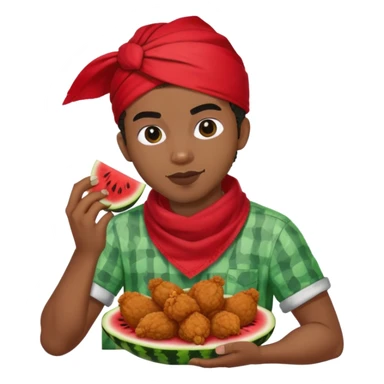 a man named jamal that's black and eating watermelon and fried chicken with a red bandana sticker