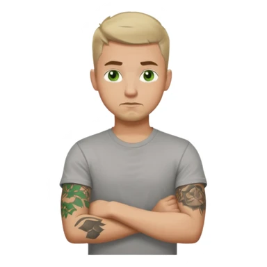 White young man with short dark taper fade hair cut and slight goatee and neutral expression with his arms folded. Green eyes and arm tattoos sticker