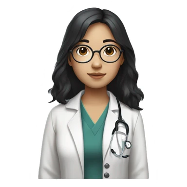 Asian girl, with white skin tone, black hair, wearing silver round harry potter glasses and a white scrub and a stethoscope  sticker
