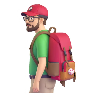 adventurer with goatee beard (no beard on cheeks), short hair, glasses, backwards baseball cap and backpack sticker