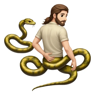 full body man long brown hair brown eyes medium beard white skin seen from behind, snake wrapped around arm and back sticker