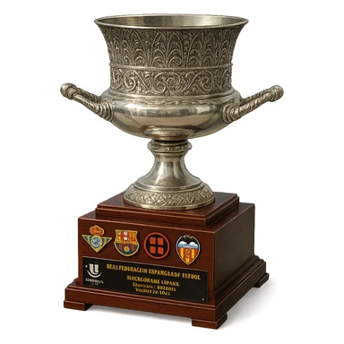 Фотореалистичный и изометричный кубок Supercopa de España, объемный чуть слегка рисованный стиль, прозрачный фон sticker