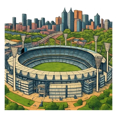 Изометричная, яркая, детализированная и фотореалистичная иллюстрация стадиона Melbourne Cricket Ground в стиле 3D-коллажей городов, насыщенные цвета, аккуратные и чёткие линии, мультяшно-реалистичная стилистика. Чёткие контуры, прозрачный фон, высокое качество. sticker