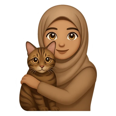 Transform the character into a modern woman wearing a plain pashmina hijab, still holding a tabby cat. Use an emoji-style animation with a friendly expression and soft colors. Keep the background transparent as in the reference image. sticker