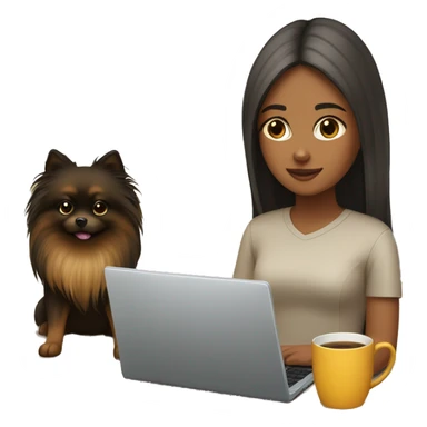 girl with long hair working on laptop, while her black-and-tan pomeranian is next to her sticker
