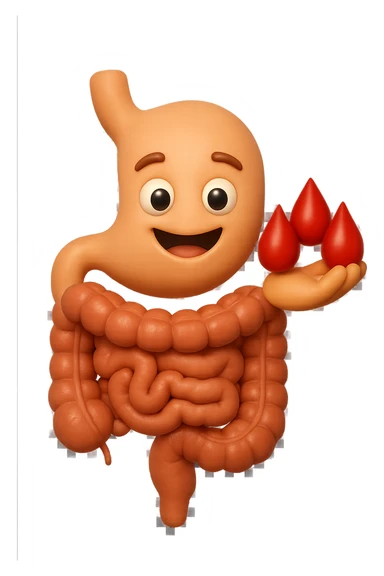 emoji stile iphone 3d di stomaco e intestino collegati verticalmente con 3 gocce di sangue 3d in mano, iperrealistiche 4k sticker