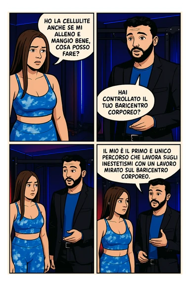 TRASFORMA QUESTO CAROSELLO IN UN FUMETTO CON QUESTE DUE PERSONE IDENTICHE CHE INTERLOQUISCONO TRA LORO:

LEI: Ho la cellulite anche se mi alleno e mangio bene, cosa posso fare?

LUI: Hai controllato il tuo baricentro corporeo?
Sapevi che se il peso del tuo corpo cade in avanti o da un lato, c’è un disallineamento fra bacino e torace, che comprimendo le coste, limita la motilità del diaframma e l’ossigenazione dei tessuti?
Il mio è il primo e unico percorso che lavora sugli inestetismi con un lavoro mirato sul baricentro corporeo. sticker