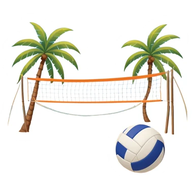 A volleyball resting on the orange sand of a beach, with a volleyball net in the background. The scene captures a sunny beach atmosphere with clear blue sea and sky, palm trees swaying, and people in swimsuits enjoying the vibrant surroundings sticker