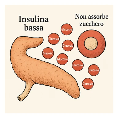 Add clear and legible Italian text to the icons in a realistic and symbolic-medical style: label the pancreas with 'Insulina bassa', the molecules with 'Glucosio', and the cells with 'Non assorbe zucchero'. Maintain the realistic and symbolic-medical style with clear and readable text. sticker