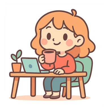 chibi style, girl at desk, holding coffee cup, warm atmosphere, pastel colors sticker
