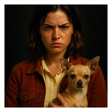 portrait Netflix series style, woman with tanned skin, freckles, pale yellow shirt #FFF8CA, rust jacket, medium-length brown hair with auburn highlights, rebellious expression, beige-brown chihuahua, dark background sticker