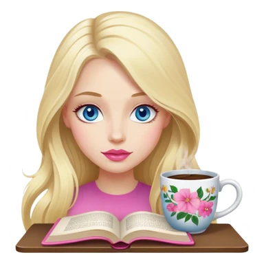 A cinematic, realistic blonde with long hair, blue eyes, and pink lips is sitting in a cozy atmosphere, reading a book, and there is a mug of floral coffee on the table next to it sticker