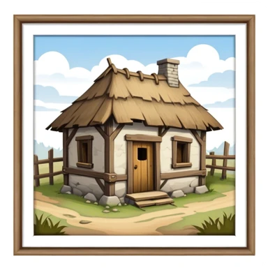 medieval low level old shack building. An old, windowless, dilapidated shack. sticker