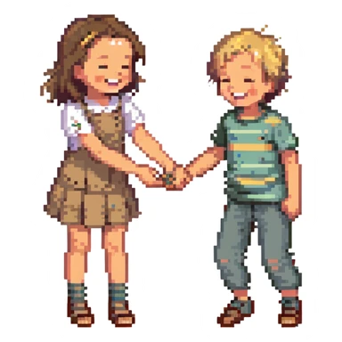 A girl smiling and standing near a little boy, he is on the floor laughing, she wiggling her toes between his thighs tickling him sticker