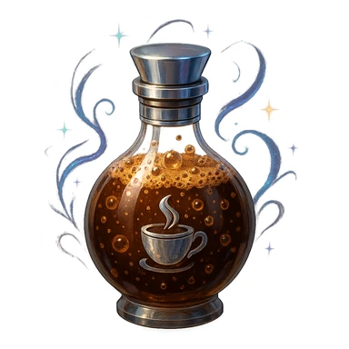 prabangus eliksyro buteliukas, kavos buteliuko forma, sodri kavos ruda spalva, burbuliuojantis efektas viduje, sidabrinės ir holografinės detalės, daug magiškų efektų, labai mažas kaklelis, vientisas dugnas, skaidrus fonas, buteliukas plūduriuoja ore, be pagrindo ar šešėlio, modernus, kolekcijai tinkamas sticker