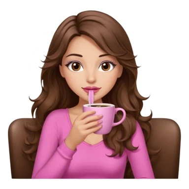 girl with long wavy brown hair, brown eyes, light to medium complexion, in a pink sexy top, pink lips, long lashes sipping coffee sticker