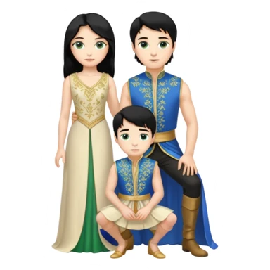 prince, standing upright, black Hair, blue eyes, garment,  woman, bending knee, white sleveless dress, blonde hair, green eyes, sticker